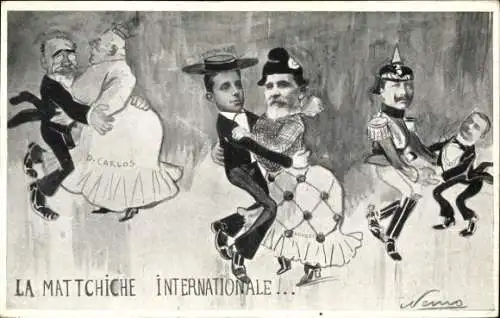 Künstler Ak Tanzende Herrscher, Wilhelm II, Alfons XIII, Karikatur