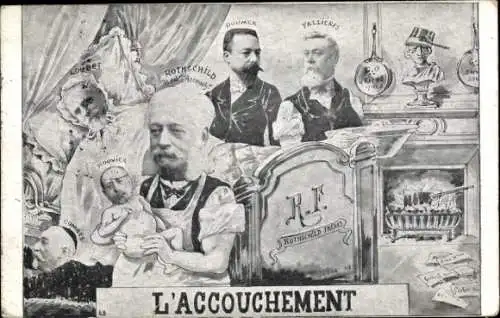 Ak L'Accouchement, Rothschild, Loubet, Fallières, Doumer, Combes, Rouvier