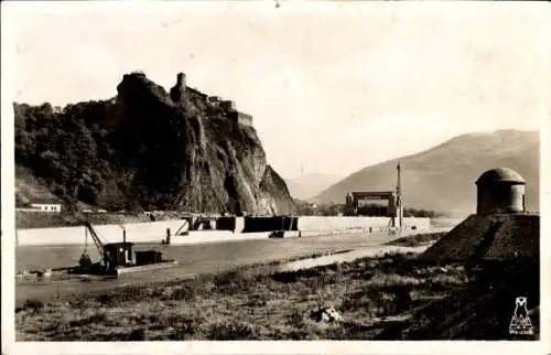 Ak Strekov Schreckenstein Ústí nad Labem Aussig Elbe Stadt, Bau der Staustufe