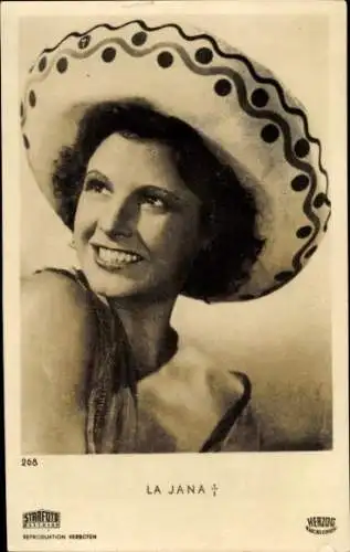 Ak Schauspielerin und Tänzerin La Jana, Portrait, Sombrero, Herzog Film