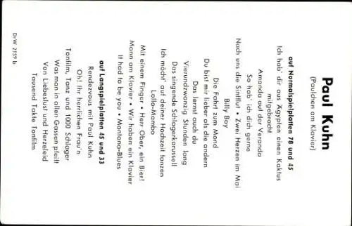 Ak Schauspieler und Sänger Paul Kuhn, Portrait, Autogramm