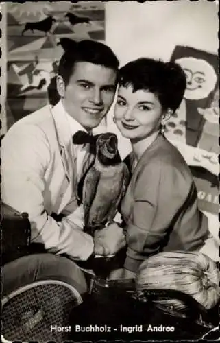 Ak Schauspieler Horst Buchholz und Ingrid Andree, Portrait, Papagei, Bekenntnisse des Hochstaplers