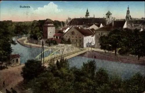 Ak České Budějovice Budweis Südböhmen, Gesamtansicht, Brücke