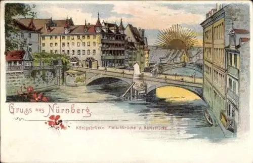 Sonnenschein Litho Nürnberg in Mittelfranken Bayern, Königs-, Fleisch- u. Karlsbrücke, Pegnitzpartie