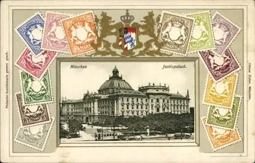 Präge Briefmarken Wappen Ak München Bayern, Justizpalast