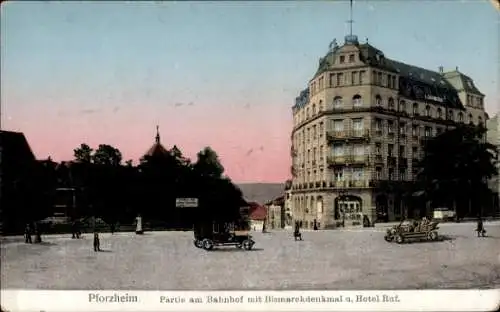 Ak Pforzheim im Schwarzwald, Partie am Bahnhof, Bismarckdenkmal, Hotel Ruf