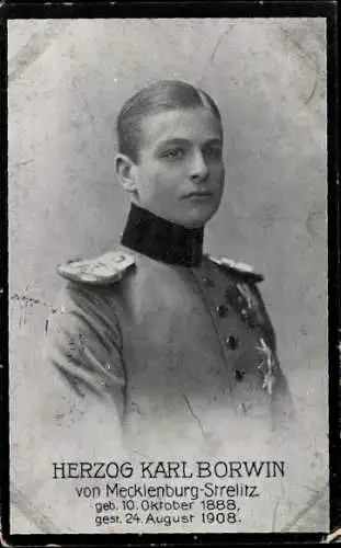 Ak Herzog Karl Borwin von Mecklenburg-Strelitz, Porträt in Uniform