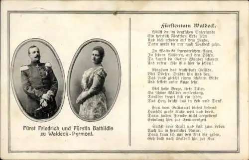 Ak Fürst Friedrich und Fürstin Bathildis zu Waldeck und Pyrmont, Gedicht Fürstentum Waldeck