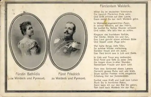 Ak Fürst Friedrich und Fürstin Bathildis zu Waldeck und Pyrmont, Gedicht Fürstentum Waldeck