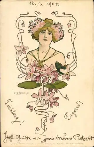 Jugendstil Künstler Litho Döcker, E., Frauenbildnis