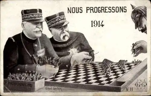 Ak Nous Progressons 1914, Nous Vaincrons, Joffre, Guillaume II., Échecs, Schach, Kriegsgefangene