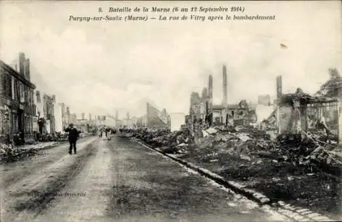 Ak Pargny sur Saulx Marne, Vitry Straße nach der Bombardierung