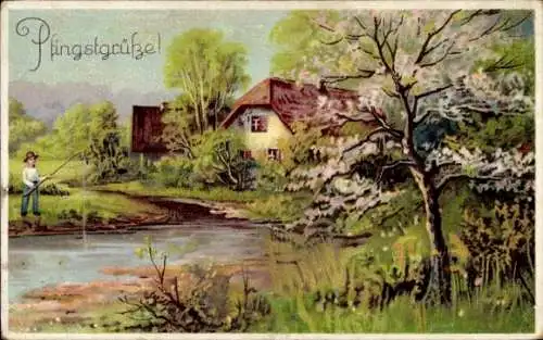 Litho Glückwunsch Pfingsten, Angler am Ufer, Baumblüte, Landschaftsansicht