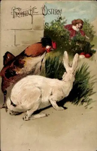 Präge Ak Glückwunsch Ostern, Osterhase, Henne, Kind sucht nach Ostereiern