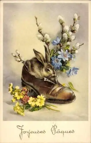 Ak Glückwunsch Ostern, Osterhase im Schuh, Blumen, Weidenkätzchen