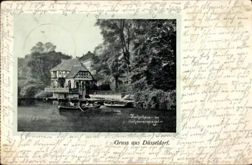 Ak Düsseldorf am Rhein, Fischerhaus, Schwanenspiegel, Fachwerkhaus, Ruderboote