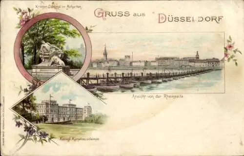 Litho Düsseldorf, Ansicht von der Rheinseite, Brücke, Königl. Kunstakademie, Kriegerdenkmal