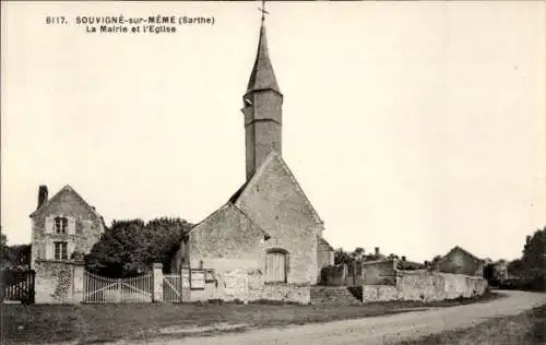 Ak Souvigne-sur-Meme Sarthe, La Mairie, Kirche