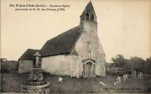 Ak St-Jean-d'Asse Sarthe, Alte Kirche, Friedhof, Pfarrei N.-D. die Felder