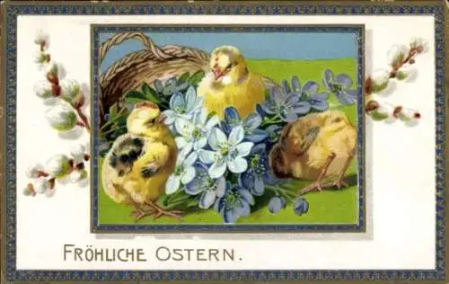 Präge Ak Glückwunsch Ostern, Küken, Blumen, Korb, Weidenkätzchen