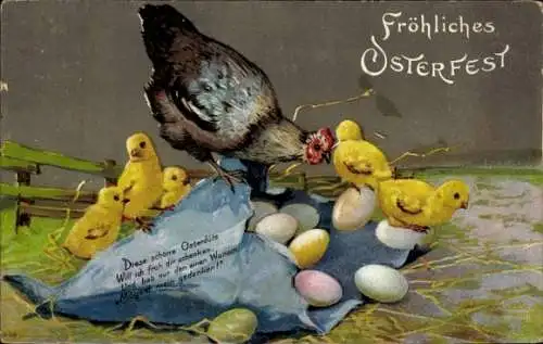 Präge Ak Glückwunsch Ostern, Küken, Henne, Ostereier