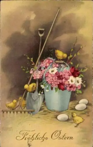 Künstler Ak Petersen, H., Glückwunsch Ostern, Küken, Eier, Eimer, Schaufel, Blumen Harke