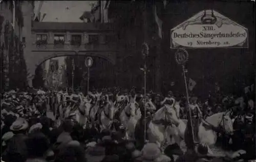 Ak Nürnberg in Mittelfranken, 8. Deutsches Sängerbundesfest 1912, Festzug, Pferde, Personen