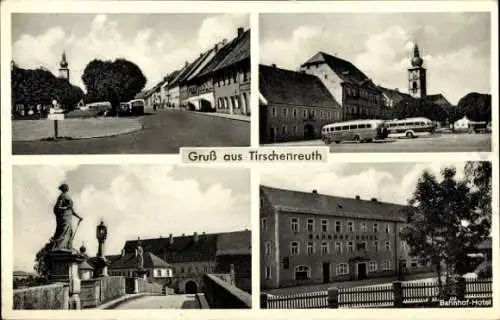 Ak Tirschenreuth in der Oberpfalz Bayern, Bahnhof-Hotel, Busse, Kirchturm, Brücke