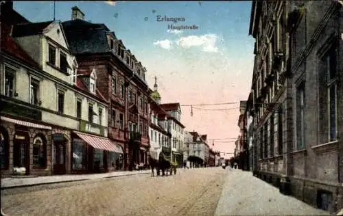 Ak Erlangen Mittelfranken, Hauptstraße mit Kutsche und Geschäften