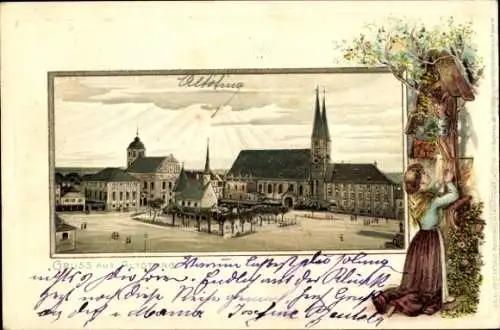 Präge Passepartout Litho Altötting in Oberbayern, Marktplatz, Kirche, Betende Frau am Kreuzweg