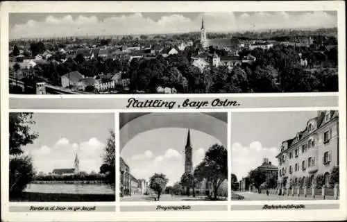 Ak Plattling in Niederbayern, Gesamtansicht, gr. Jakob, Isar, Bahnhofstraße, Kirche