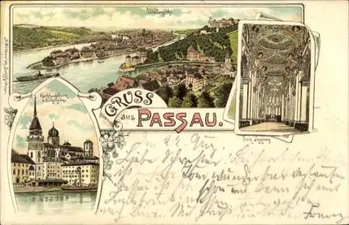 Litho Passau in Niederbayern, Gesamtansicht, Dom, Innenansicht, Rathausturm, Domturm