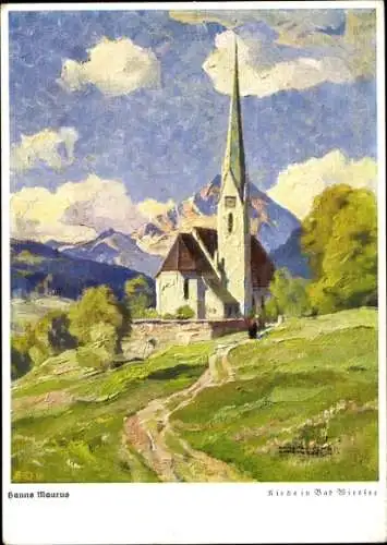 Künstler Ak Maurus, H. Bad Wiessee, Blick auf die Kirche, Feldweg, Kirchgänger