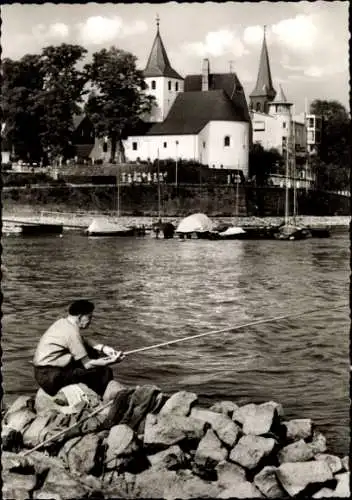 Ak Rodenkirchen Köln am Rhein, Teilansicht, Kirche, Angler
