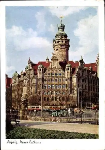 Ak Leipzig, Blick vom Park aus auf das neue Rathaus, Straßenbahn