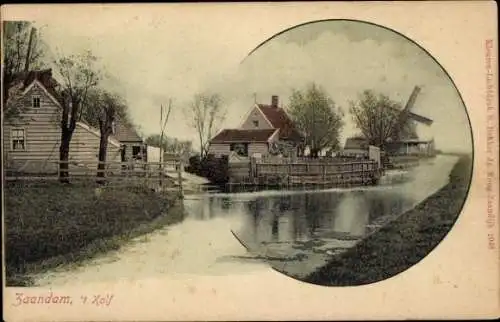 Ak Zaandam Zaanstad Nordholland, 't Kalf, Windmühle, Uferpartie, Häuser