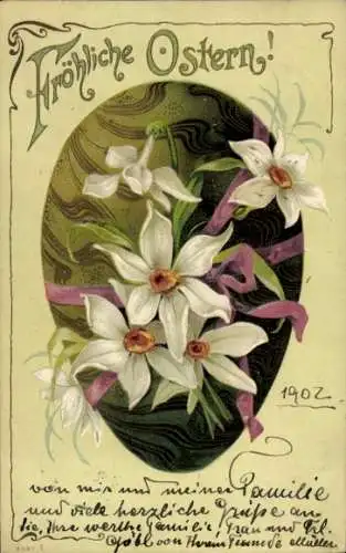 Präge Litho Glückwunsch Ostern, Weiße Blumen