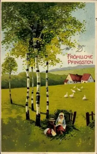 Präge Ak Glückwunsch Pfingsten, Kinder, Birken, Gänse