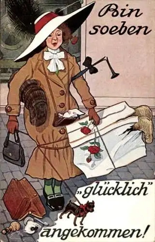 Ak Bin soeben glücklich angekommen, Frau mit Hund und Gepäck