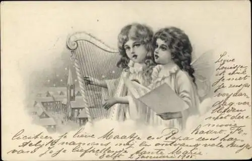 Litho Frohe Weihnachten, singende Engel, Harfe