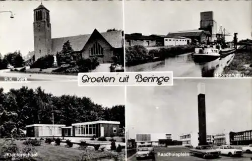 Ak Beringe Limburg Niederlande, R.K. Kerk, Kleuterschool, Raadhuisplein, Noordervaart