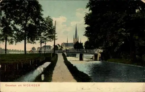 Ak Woerden Utrecht Niederlande, Kirche, Brücke, Kanal