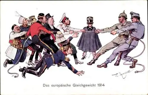 Künstler Ak Zasche, Th., Das europäische Gleichgewicht 1914, Zar Nikolaus II., Viktor Emanuel III.