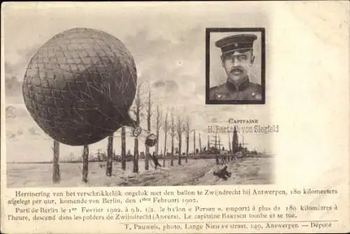 Ak Hans Bartsch von Sigsfeld, Ballonunglück 1902 bei Zwijndrecht, Ballon Berson