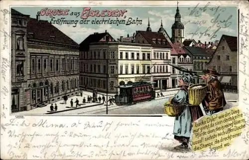 Litho Lutherstadt Eisleben in Sachsen Anhalt, Eröffnung der elektrischen Bahn, Straßenpartie