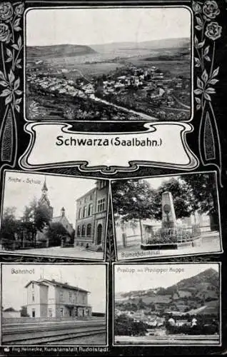 Ak Schwarza Saalbahn Rudolstadt, Kirche, Schule, Bismarckdenkmal, Preilipp Preilipper Kuppe, Bahnhof