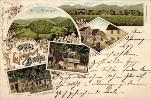 Litho Bucha Unterwellenborn in Thüringen, Gesamtansicht, Blick von Günthersheil, Buchwäldchen