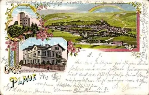 Litho Plaue in Thüringen, Panorama, Dr. Heyder's Heilanstalt für Frauen, Ruine Ehrenburg