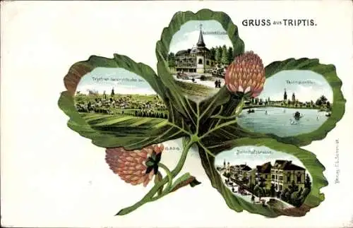 Kleeblatt Litho Triptis in Thüringen, Gesamtansicht, Bahnhofstraße, Teich, Hockerschlösschen