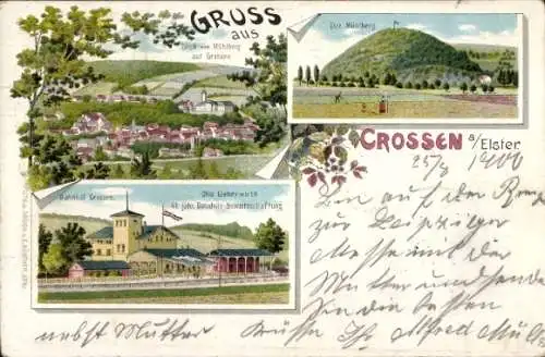 Litho Crossen an der Elster, Gesamtansicht, Bahnhof, Bahnhofswirtschaft, Mühlberg